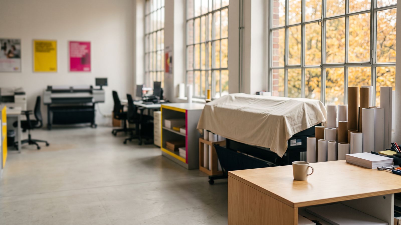 Ruhige Werkstatt von Printcenter Kreuzberg im Herbst